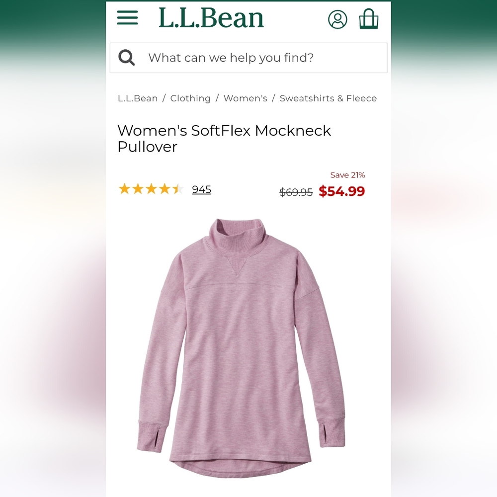 L.L. Bean Women's SoftFlex Mockneck Pullover Purple XL NWT